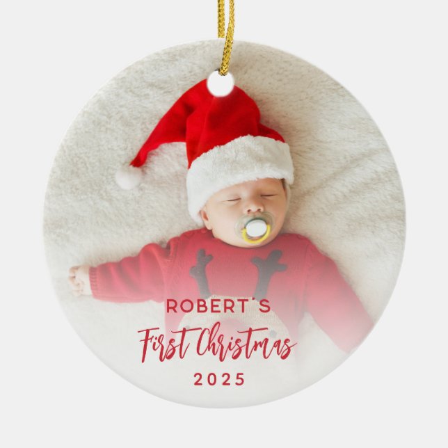 First Christmas Baby Photo Script Custom Ceramic Tree Decoration (Front)