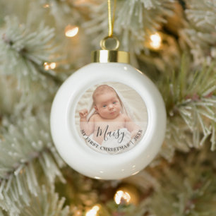 First Christmas Baby Photo Script Name Ceramic Ball Christmas Ornament