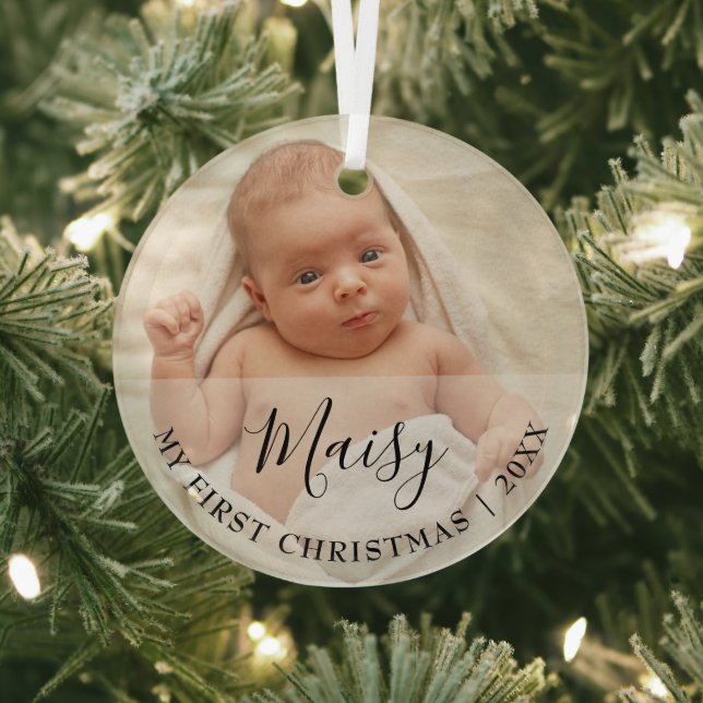 First Christmas Baby Photo Script Name Glass Tree Decoration (Insitu)