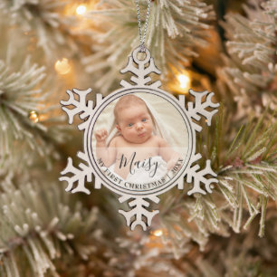First Christmas Baby Photo Script Name Snowflake Pewter Christmas Ornament