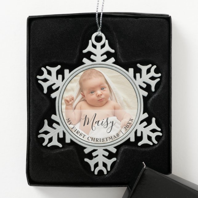 First Christmas Baby Photo Script Name Snowflake Pewter Christmas Ornament (Box)