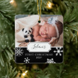 First Christmas Baby Photo Snow Black Ceramic Ornament<br><div class="desc">My first Christmas with snowflakes on a chalkboard background and photo ornament design can be personalised with the baby's name and birth year. Includes a second photo on the back.</div>