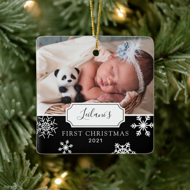 First Christmas Baby Photo Snow Black Ceramic Ornament (Tree)