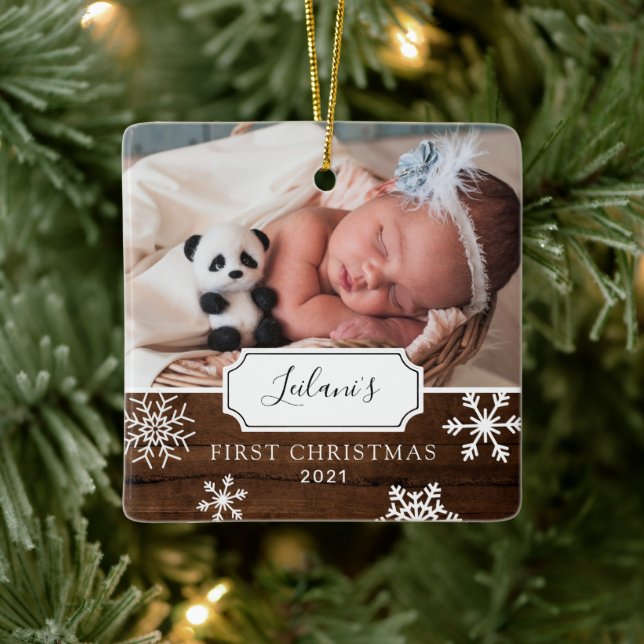 First Christmas Baby Photo Snow Wood Ceramic Ornament (Tree)