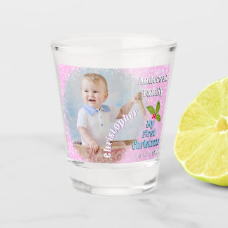 First Christmas Baby Photo Snowflakes Pink Shot Glass