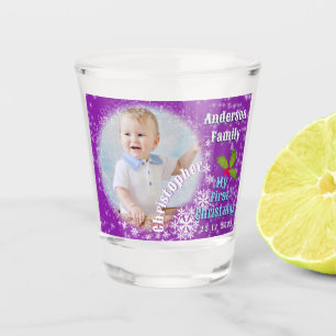 First Christmas Baby Photo Snowflakes Purple Shot Glass