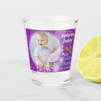 First Christmas Baby Photo Snowflakes Purple Shot Glass