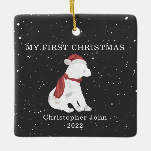 First Christmas Baby Polar Bear Dark Grey Snow Ceramic Ornament (Front)