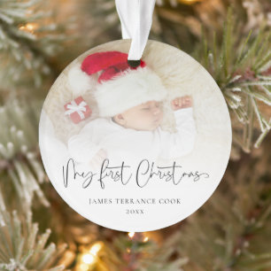 First Christmas Baby Script Name Photo Overlay Ornament