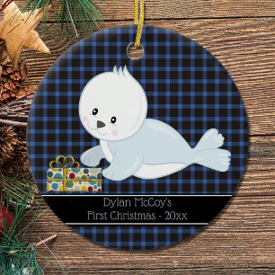 First Christmas•Baby Seal•Blue Plaid Ceramic Tree Decoration