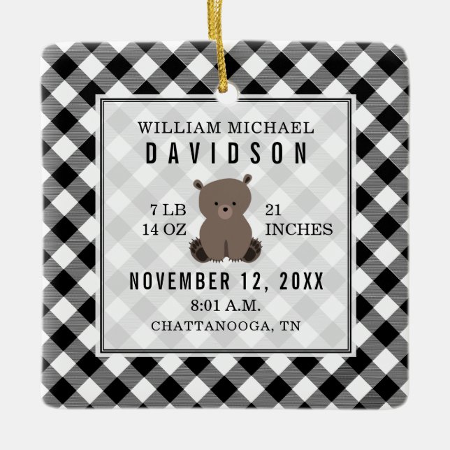 First Christmas Baby Stats Details Plaid Bear Ceramic Ornament (Front)