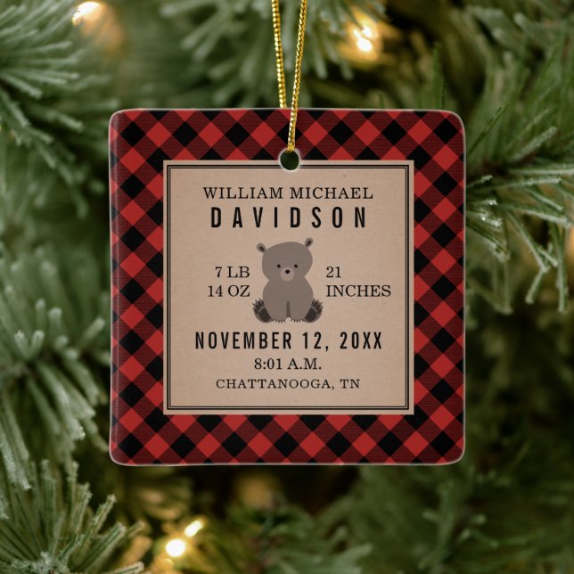 First Christmas Baby Stats Details Red Plaid Bear Ceramic Ornament (Tree)