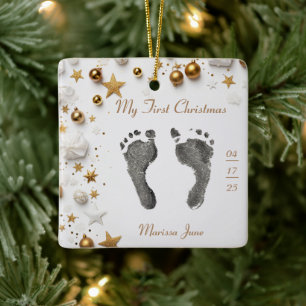 First Christmas Baby's Foot Prints Name Photo Star Ceramic Ornament