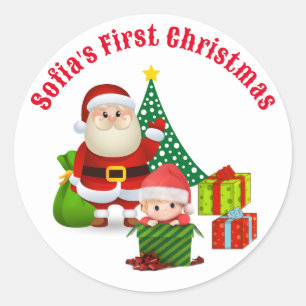 First Christmas Baby's Personalise Name Elf Classic Round Sticker