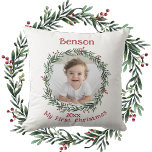 First Christmas Baby's Photo Keepsake  Cushion<br><div class="desc">First Christmas Baby's Photo Keepsake Throw Pillow designed with your baby's picture with a Green and Red Holly Wreath surrounding the image. The text includes: Your Child's First Name, The Year, and My First Christmas, in a bright matching red. To personalise, simply insert your photo into our easy template, replacing...</div>