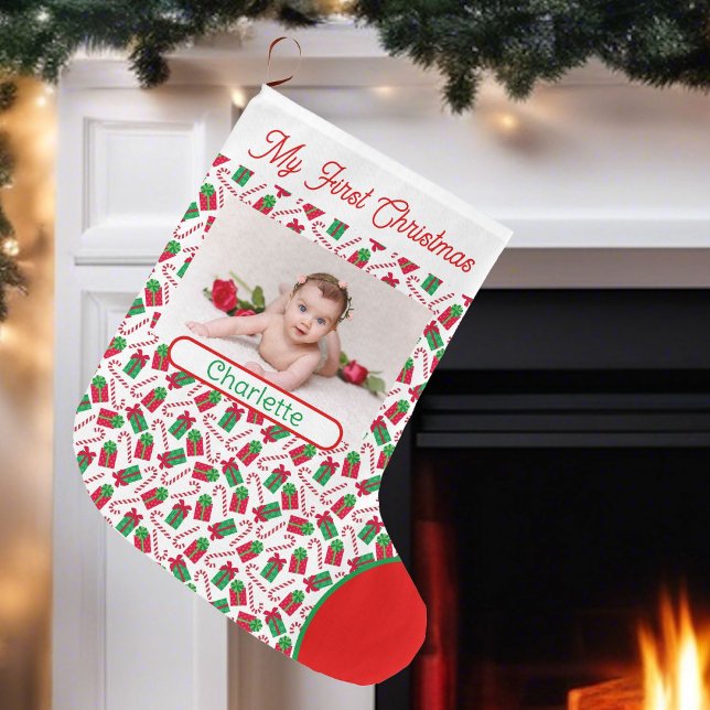 First Christmas Baby's Photo & Name Cute Large Christmas Stocking (Creator Uploaded)