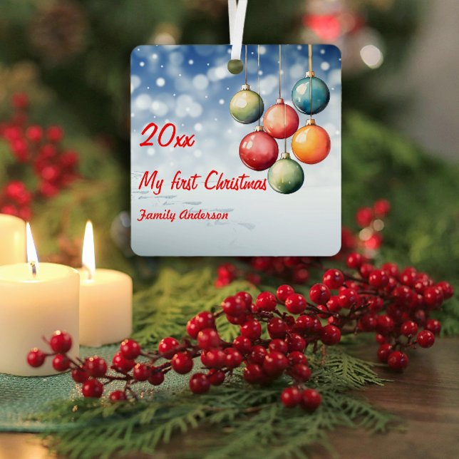 First Christmas ball photo Metal Square Ornament (Creator Uploaded)