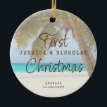First Christmas Beach Engagement Palm Tree Ceramic Ceramic Tree Decoration<br><div class="desc">Keepsake Engagement Ornament with a tropical palm tree next to a turquoise teal blue ocean coastline sand shoreline is perfect for the couple who got engaged on a beach or are planning a destination wedding.</div>