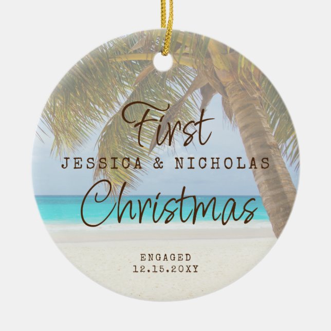 First Christmas Beach Engagement Palm Tree Ceramic Decoration (Front)