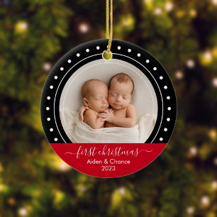 First Christmas Black and Red Dots Ceramic Tree Decoration