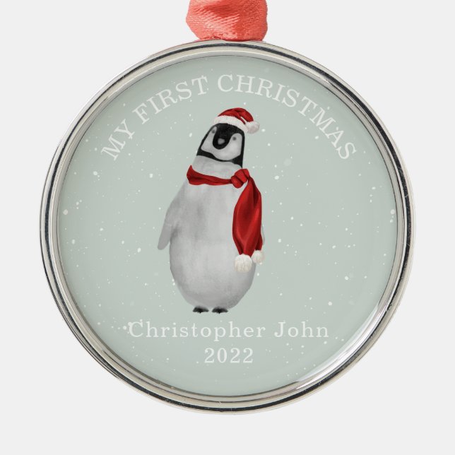 First Christmas Blue Baby Boy Penguin Snow Metal Tree Decoration (Front)