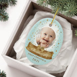 First Christmas Blue Baby Photo & Name Snow Globe Ceramic Tree Decoration<br><div class="desc">Magical gold snow globe and gold magical stars baby's first Christmas photo keepsake ornament. Blue and gold baby's first Christmas snow globe photo keepsake ornament can be customized with the baby's name, the year, and one photo on the front and one on the back. Original hand-drawn artwork by Moodthology papery....</div>