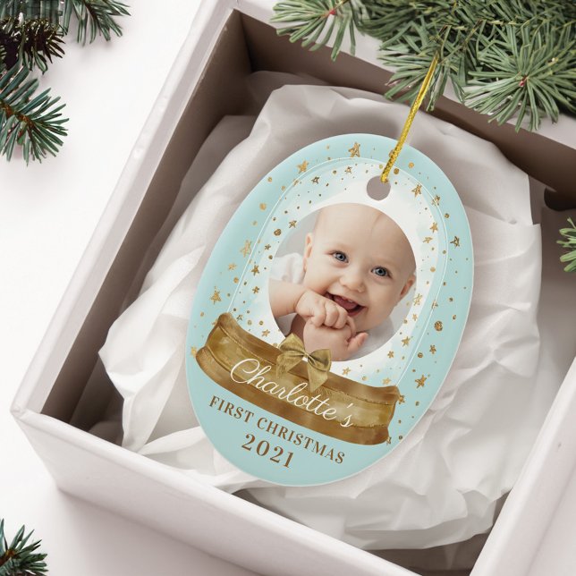 First Christmas Blue Baby Photo & Name Snow Globe Ceramic Tree Decoration (First Christmas Blue Baby Photo & Name Snow Globe Ceramic Ornament)