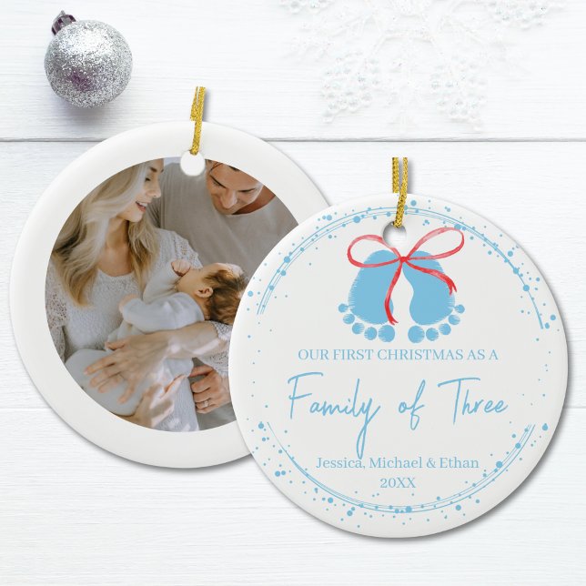 First Christmas Blue Footprints Ornament (Baby Boy’s First Christmas Family of Three Ceramic Ornament)