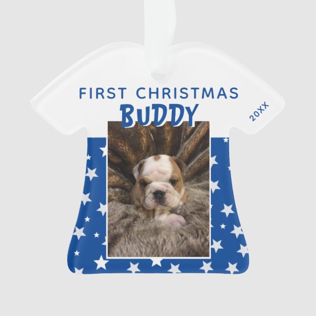 First Christmas Blue Star Pattern Puppy Dog Photo Ornament (Front)