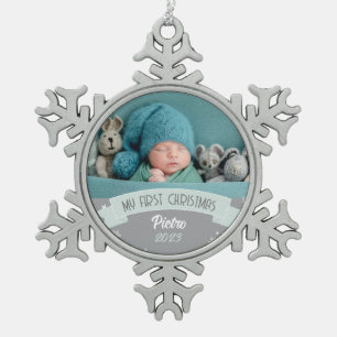 First Christmas Blush Green Baby Boy Photo  Snowflake Pewter Christmas Ornament
