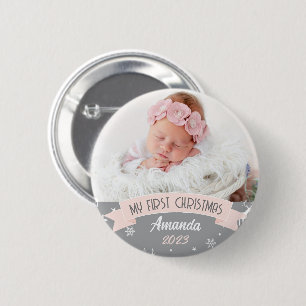 First Christmas Blush Pink Baby Girl Photo  6 Cm Round Badge
