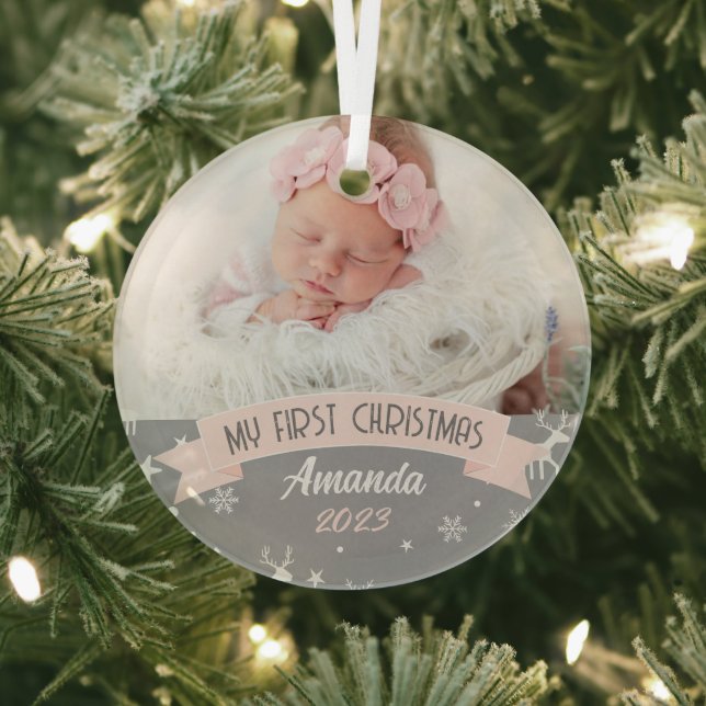 First Christmas Blush Pink Baby Girl Photo  Glass Tree Decoration (Insitu)