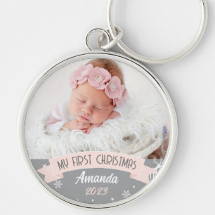 First Christmas Blush Pink Baby Girl Photo  Key Ring