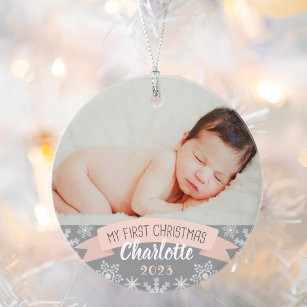 First Christmas Blush Pink Baby Girl Photo Ornament
