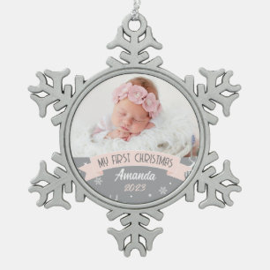 First Christmas Blush Pink Baby Girl Photo  Snowflake Pewter Christmas Ornament