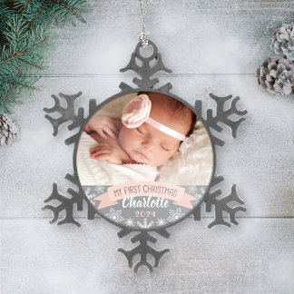 First Christmas Blush Pink Baby Girl Photo Snowflake Pewter Christmas Ornament