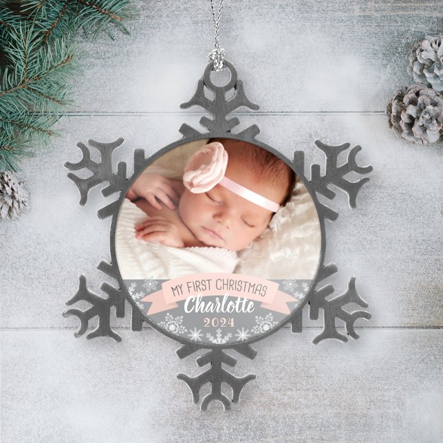 First Christmas Blush Pink Baby Girl Photo Snowflake Pewter Christmas Ornament (Creator Uploaded)