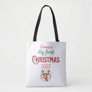First Christmas BROWN Deer Typography Personalise Tote Bag
