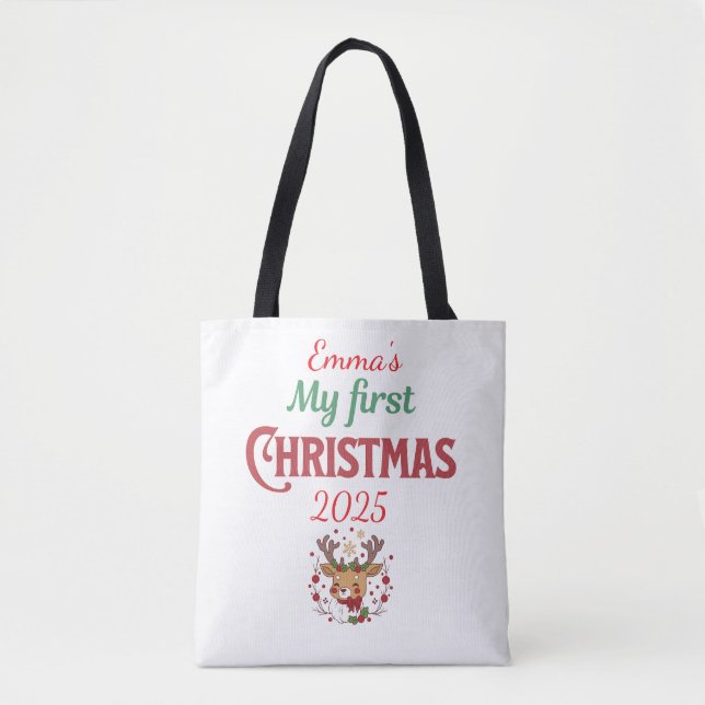  First Christmas BROWN Deer Typography Personalise Tote Bag (Front)