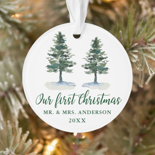 First Christmas Calligraphy Watercolor Two Pines Ornament (Tree)
