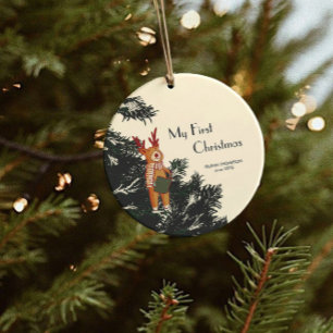 First Christmas – Caroling Reindeer in pine tree Ceramic Tree Decoration