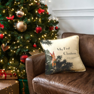 First Christmas – Caroling Reindeer in pine tree Cushion