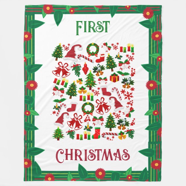 First Christmas Colour Symbols Floral Border Winte Fleece Blanket (Front)