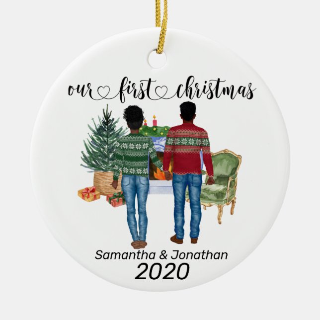 First Christmas Couple African American Newlyweds Ceramic Tree Decoration (Front)