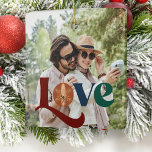 First Christmas couple photo love script Ceramic Ornament<br><div class="desc">Trendy modern retro love typography photo overlay keepsake Christmas green tree ornament for a new couple.              Personalise it with your picture,  name and text.</div>