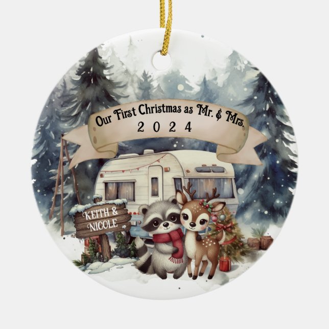 First Christmas Couple RV Camping Newlywed Ceramic Tree Decoration (Front)