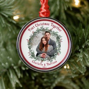 First Christmas Couple's Photo Metal Tree Decoration