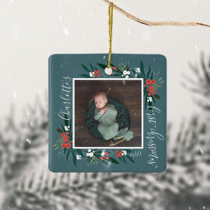  First Christmas Cranberry & Foliage Baby Photo Ceramic Ornament