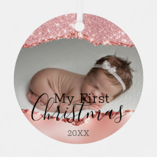 First Christmas Custom Baby Photo & Pink Glitter Metal Tree Decoration