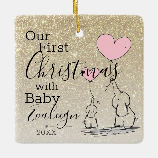 First Christmas Custom Gold Glitter Baby Elephant Ceramic Ornament (Front)